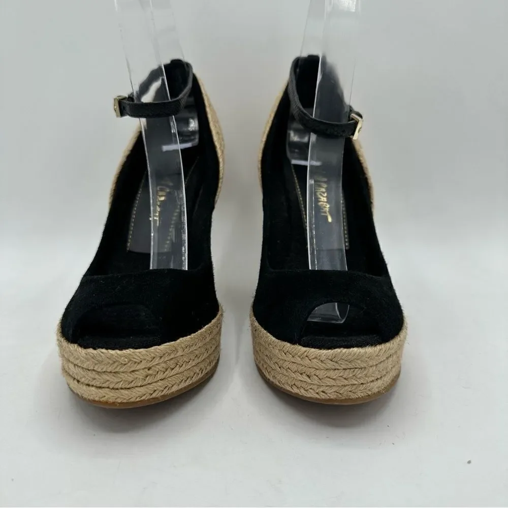 JEAN-MICHEL CAZABAT Black Suede Peep-Toe Espadrille Wedges Sz 37.5 ‎ US 7